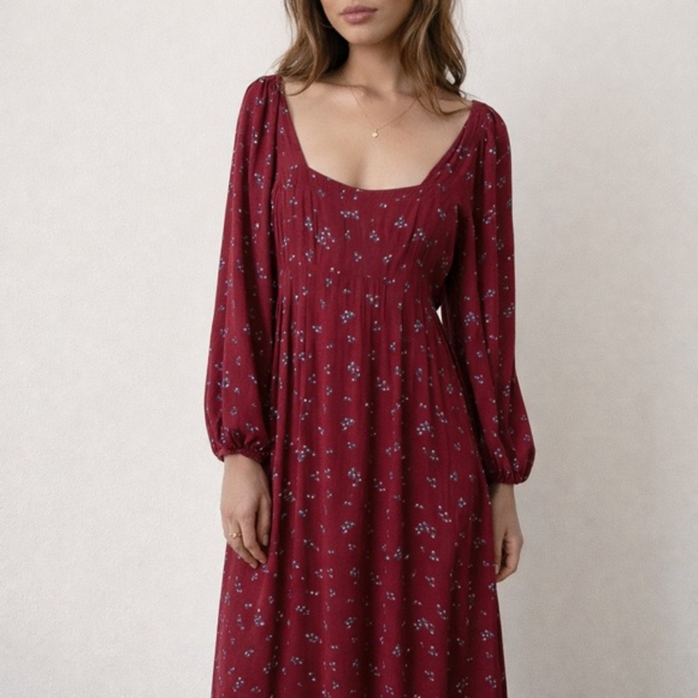 Free People Iris Red Floral Midi Dress Boho Prairie Romantic Cottagecore Size XS
